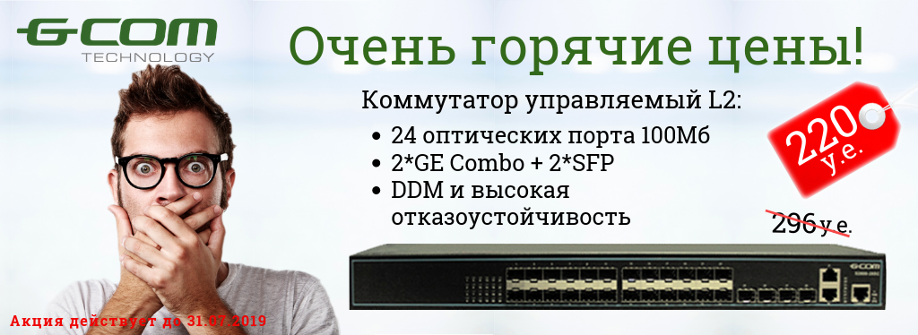 Коммутатор управляемый L2 GCOM S2600-28SC с оптическими портами за 220 у.е.!